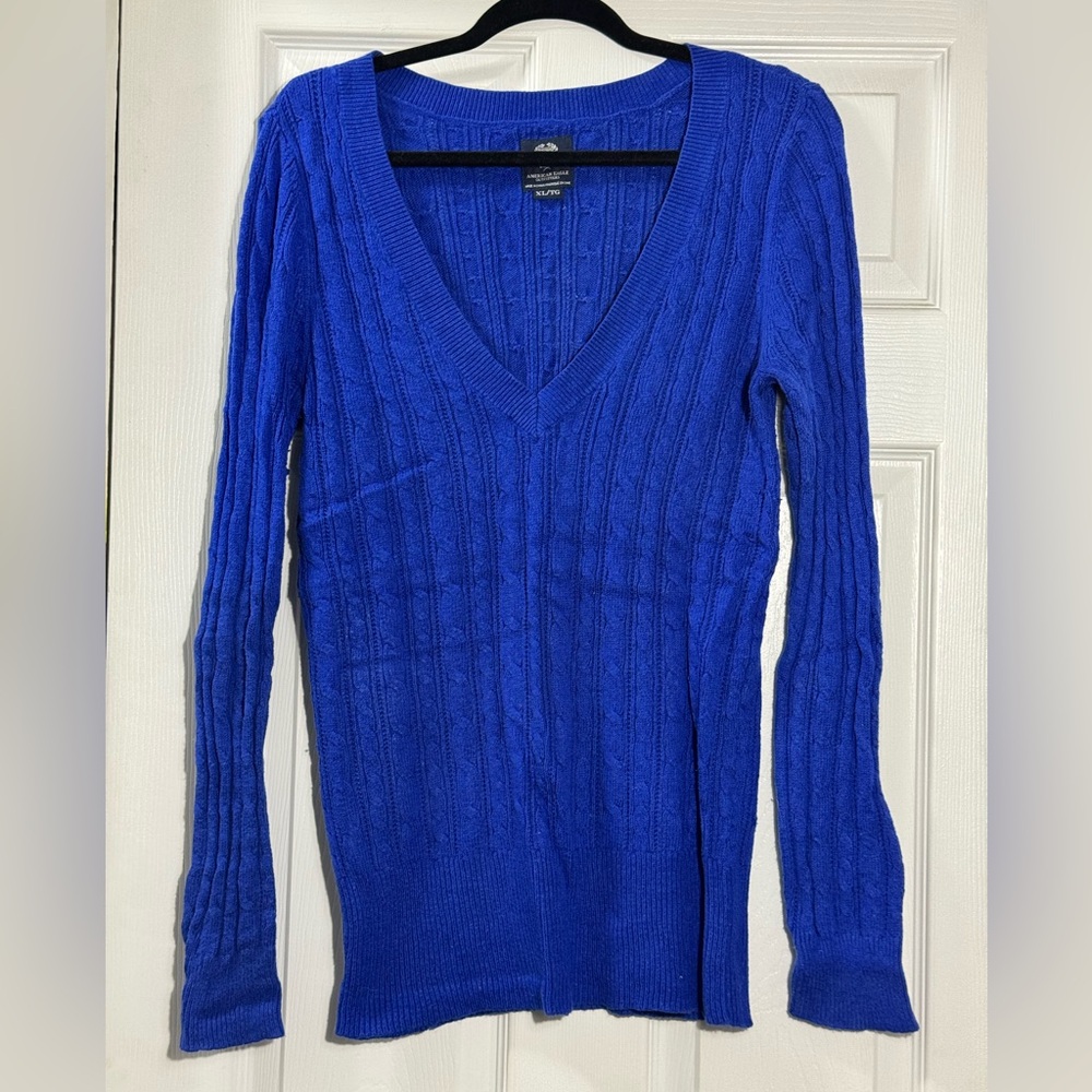 American Eagle Y2K Cable Knit V Neck Sweater Blue Fitted XL